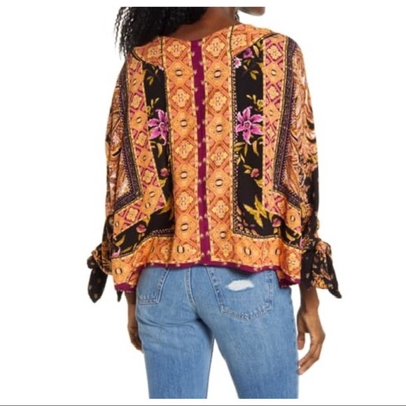 FREE PEOPLE BOHO FLOWY TOP PULLOVER BOHEMIAN PRINT V-NECK BLOUSE A3C - Picture 14 of 16